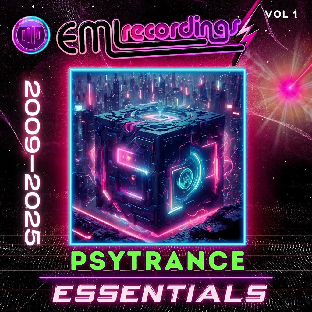 Cover art for Psytrance Essentials 2025 Vol. 1 – futuristic and psychedelic visuals with vibrant colors, fractal patterns, and bold text, representing high-energy psytrance for the new era